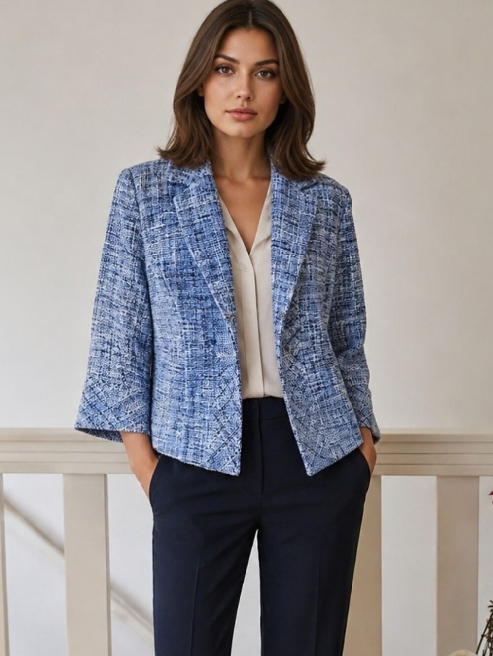 Blue, White Tweed Open-Front Blazer Size 10